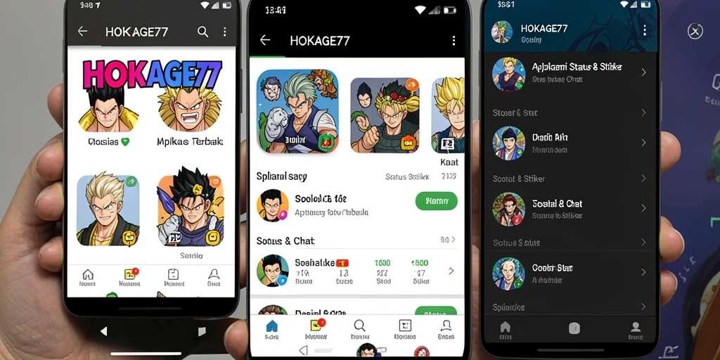 Antarmuka aplikasi HOKAGE77 dengan pilihan stiker dan status menarik.